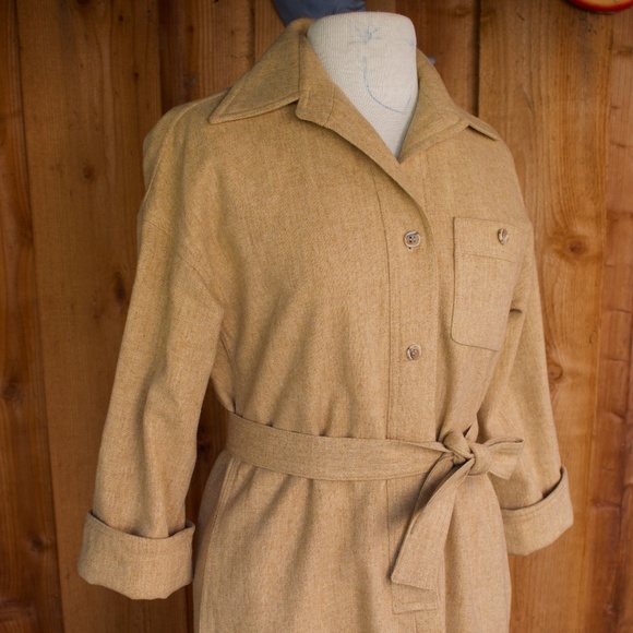 Vintage Handmade 100% Wool Button Down Oatmeal Belted Midi Shirt Dress Size S - Picture 9 of 16